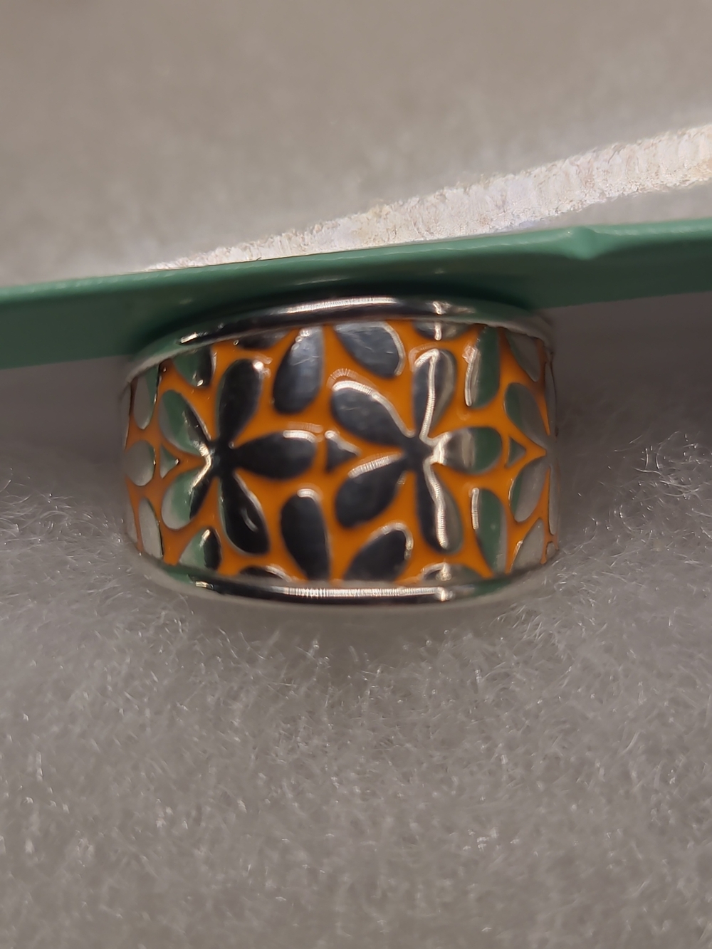 Orange Floral Enamel Wide Band Ring